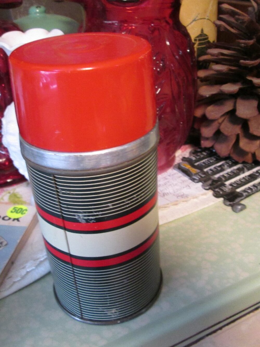 Vtg MCM sears JC higgins striped small thermos